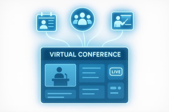 Illustration of a virtual conference platform with schedule and speaker