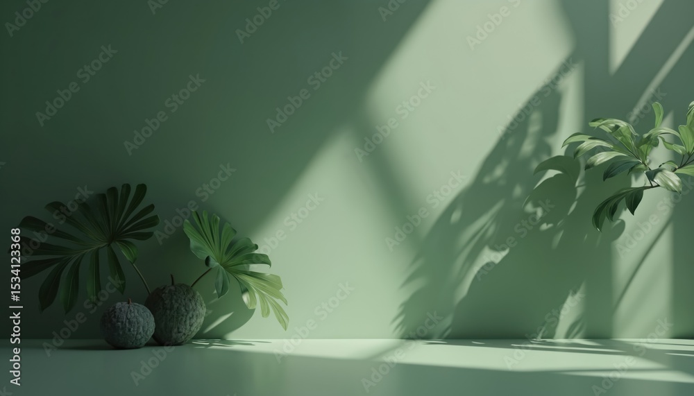 Poster Green nature background with leaf shadow. Blank scene for product presentation. 3D render with leaves in scene. Cosmetic, fashion, beauty brand showcase. Leaf shadow, blank space for mockups or promo.