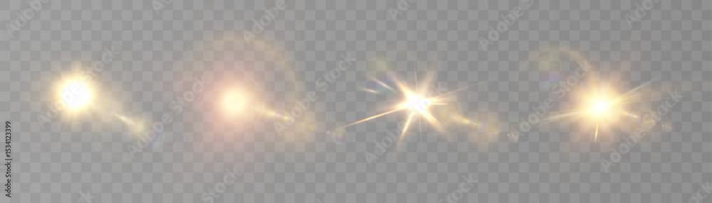 Poster A set of light flashes with realistic halos and soft glow. Rays, stars and glow on a transparent background.