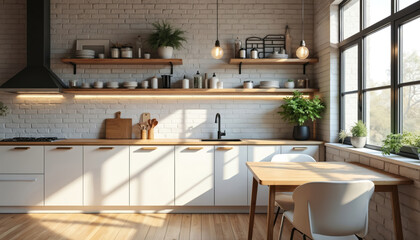 Modern minimalist kitchen interior design. White cabinets, wooden table, brick wall. Scandinavian style home decor, green plants, big window. Bright natural light, cozy home. Interior design concept,