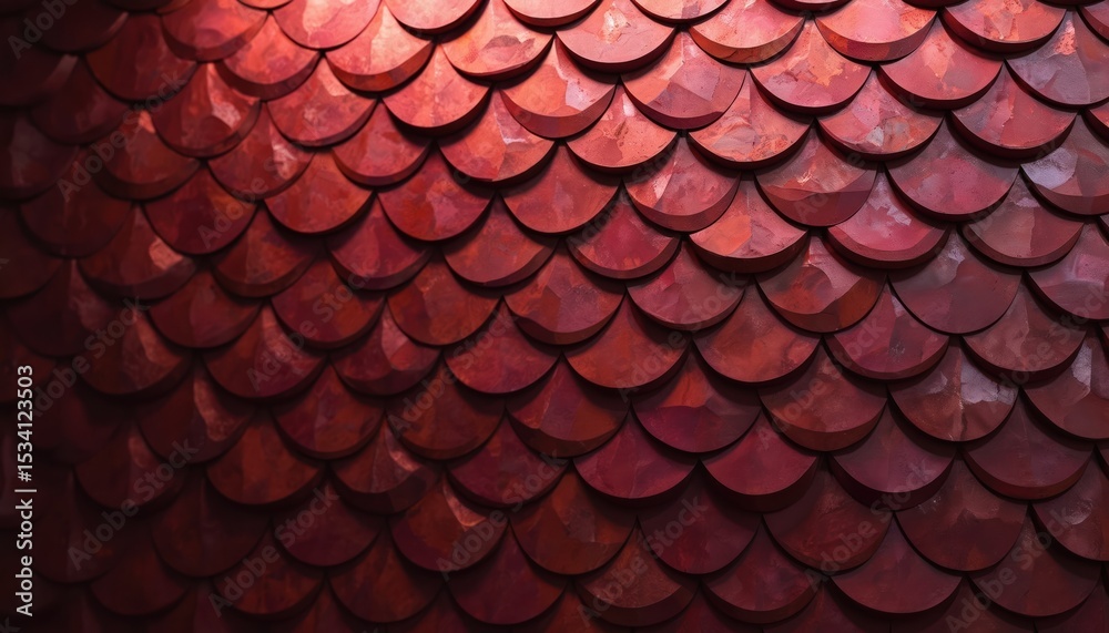Aufkleber Abstract burgundy background with fish scale tile pattern. 3D textured surface with polished blocks. Wavy texture, blurred geometric surface. Modern design for construction and decoration.