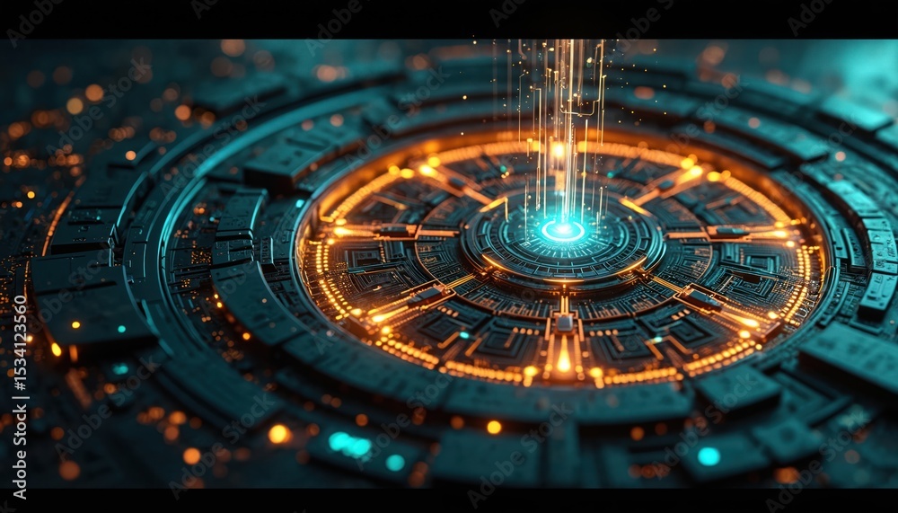Aufkleber Futuristic abstract tech background with intricate digital patterns and luminous elements. Modern digital systems complexity, data transmission, network connections, innovation and progress.