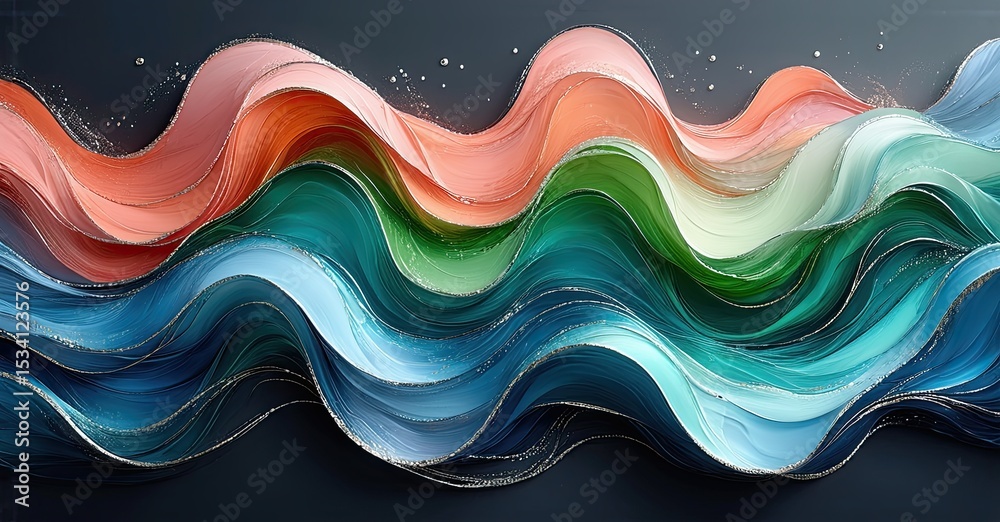 Poster colorful waves flow, creating abstract fluid shapes. bright hues contrast dark background. smooth te