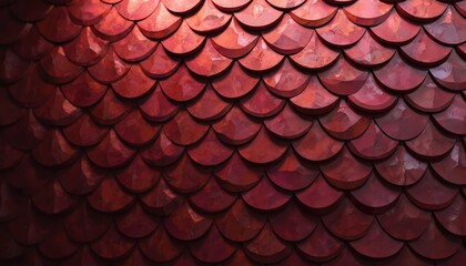 Abstract burgundy background with fish scale tile pattern. 3D textured surface with polished blocks. Wavy texture, blurred geometric surface. Modern design for construction and decoration.