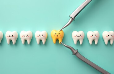 Concept of tooth extraction, dental treatment in clinic. Cute cartoon teeth with sad emotions. Dentist removes damaged yellow tooth with dental tools on blue background. Oral hygiene, dental care