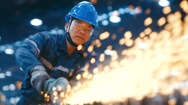 Factory environment filled with smoke and sparks, worker carefully rotating a large drill against the grinding wheel, glowing metal edges