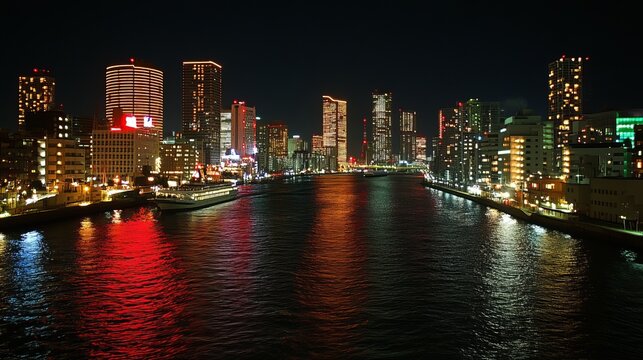 Fototapeta Night cityscape reflected in calm water, vibrant lights illuminating buildings and river
