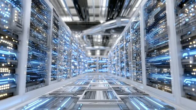 Tidy server room where miners on black shelves hum in unison, air circulation ducts neatly integrated, hash rates actively processed in the background - Powered by Adobe