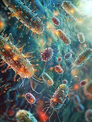 Cluster of Bacteria Under Microscope with Detailed Cell Structures, biological environment.