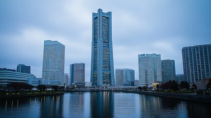 Fototapeta premium A tranquil cityscape at dawn, featuring a prominent skyscraper reflected in calm water, flanked by other high-rises. The sky is overcast, lending a serene atmosphere