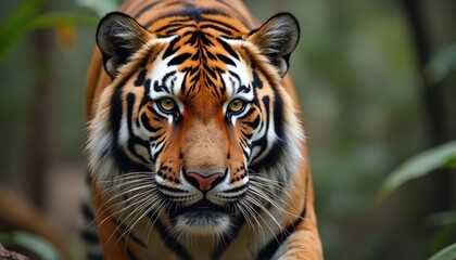 Obraz premium Close-up portrait of Malayan tiger with intense gaze. Wild animal in jungle natural habitat. Beautiful orange stripes with black lines, eye-catching, wildlife, predator. Fauna of tropical forest.
