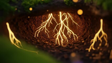 Glowing roots emerge from dark earth beneath mossy ground lit by soft light - Powered by Adobe