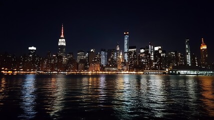 Fototapeta premium Night cityscape reflected in calm water, showcasing illuminated skyscrapers and a vibrant skyline
