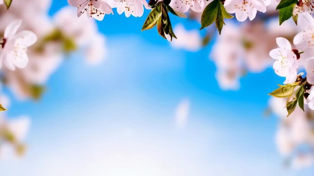 Blooming white cherry blossoms with leaves against blue sky, spring floral background with bokeh and vibrant colors