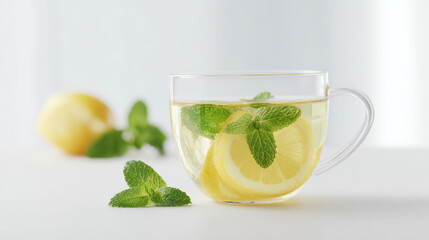 Fototapeta premium refreshing herbal tea with mint leaves and lemon slices served in clear glass cup