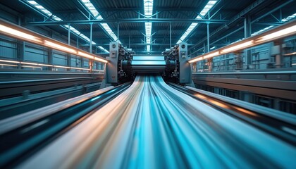 High-speed printing press in industrial factory setting. Automated print process on large format machine. Printing tech, digital control. Heavy machinery, modern technology, pro print shop.