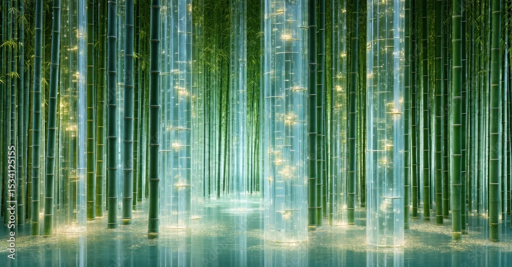 Poster lush bamboo forest glows with ethereal light. reflections shimmer on water creating serene, magical 