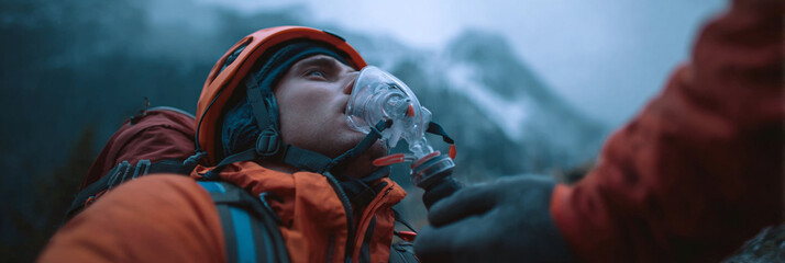 Man with oxygen mask in mountainous area wearing orange jacket and helmet looks up
