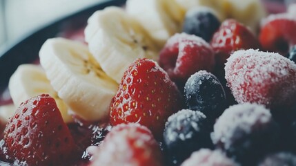 Close-up of vibrant, sugared fruits in a bowl offering healthy sustenance