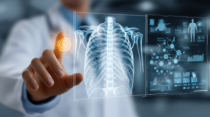 Doctor interacts with digital interface displaying chest X ray and medical data, highlighting advancements in healthcare technology and medical research