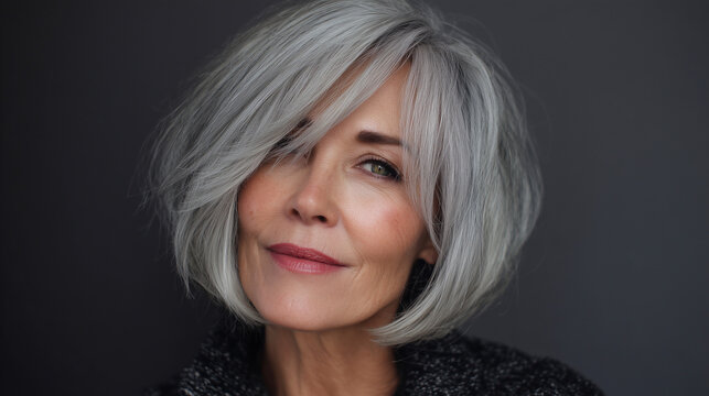 A vibrant woman aged 64 with a soft angled bob in silver and charcoal tones, side-swept bangs add visual thickness