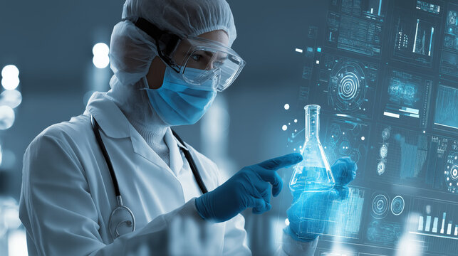 Scientist in protective gear examines digital hologram of beaker, symbolizing advanced medical research and technology. scene conveys innovation and futuristic healthcare