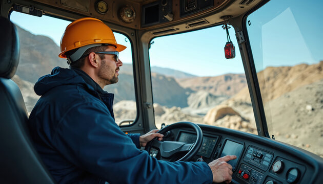 Mining site heavy machinery operator inside cockpit. Man wears safety hard hat, operates big equipment. Mining industry worker controls panel. Safe work environment. Working process, labor job at - Powered by Adobe