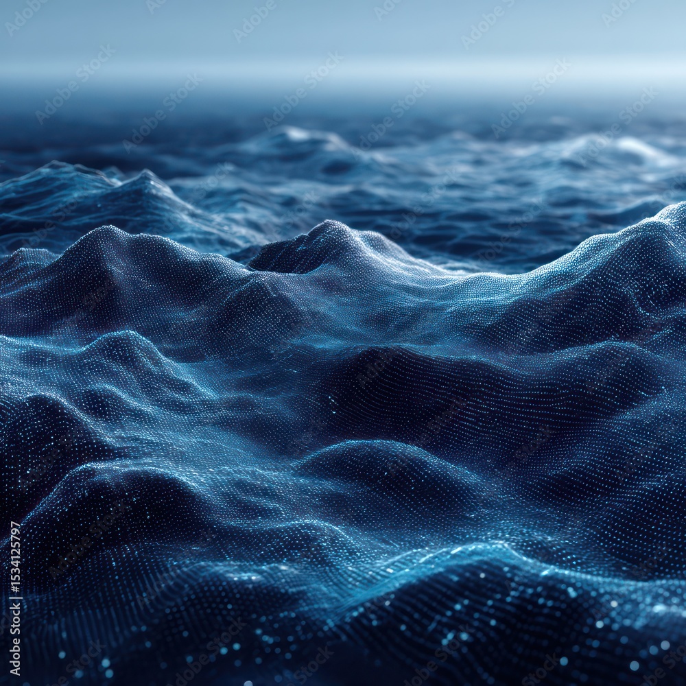 Poster an ocean of binary waves symbolizing a vast information landscape, visualized using advanced tech.