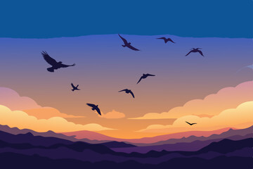 birds flying in the sunset