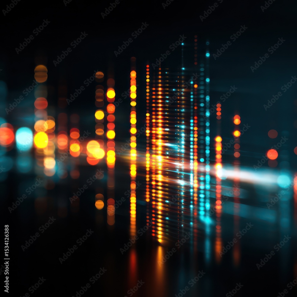 Poster glowing lightwave patterns represent digital data flowing in a futuristic digital space.