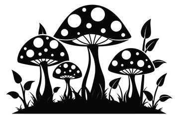 Silhouette of Mushroom Patch Featuring Toadstools, Grass, and Leaves Vector Illustration