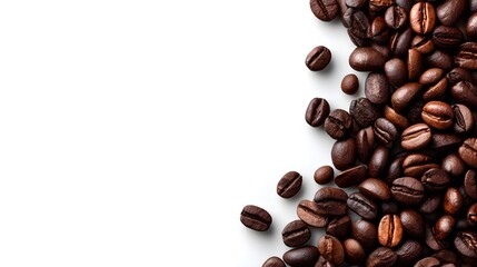 Espresso beans in a dark roast cascade, forming a textured wave along a clean white background, creating a visually appealing coffee bean surf effect.