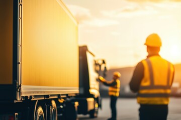 Side view of truck with logistics team in safety vests and helmets inspecting parked cargo truck at warehouse during sunset, overseeing loading process in transport and delivery operations.