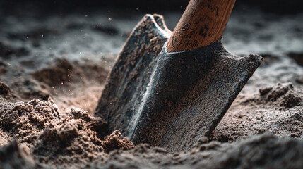 A close up of a shovel digging into dark soil with a wooden handle and metal blade