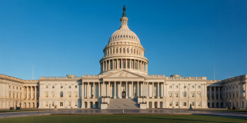 Fototapeta premium A grand architectural photograph of the United States Capitol Building under a clear blue sky, symbolizing American democracy, governance, and history.