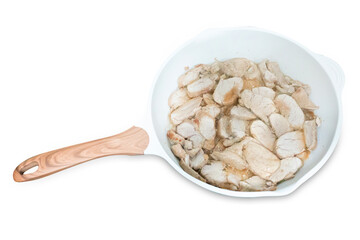 Top view of Fried pork in a pan, focus selective