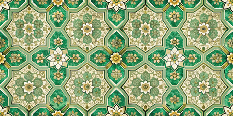 Intricate green and cream geometric floral pattern, perfect for elegant designs.