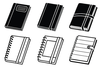 Collection of black and white vector illustrations of various notebook and diary styles