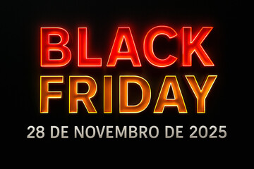 Banner de Black Friday com texto em neon vermelho e amarelo, destacando a data 28 de novembro de 2025 em fundo preto sofisticado.