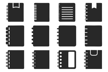 Collection of silhouetted notebooks and sketchbooks in various styles for stationery designs