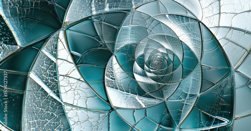 Poster fractal spiral design. blue, silver tones create mesmerizing visual effect. complex geometry, intric