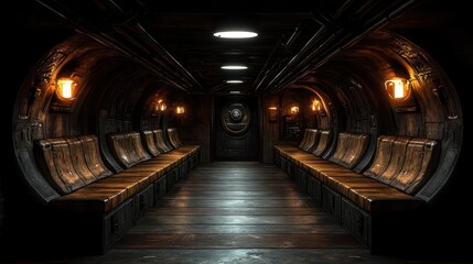 Dark Tunnel with Wooden Benches