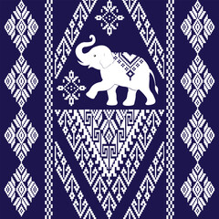 Fototapeta premium Traditional Thai textile-inspired pixel art design elephants with ethnic geometric patterns. blue and white digital artwork , Ideal for prints, crafts, apparel, and cultural-themed design projects.