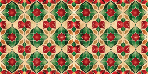 Colorful geometric floral pattern featuring red, green, and cream hues.