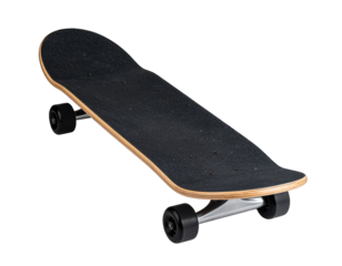 Sleek black skateboard shown hovering in stunning 3D render ideal for creative graphic projects. Capture urban sport culture with this isolated image.