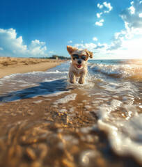 A cute Puppy Dog playfully running at the beach wearing sunglasses.