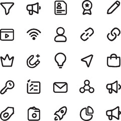 Web icon set featuring communication phone email home search and social media symbols for business and internet design