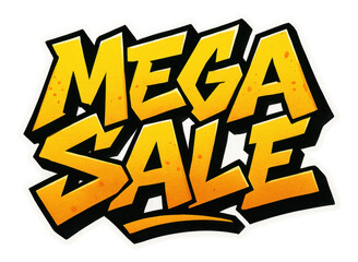 Bold graffiti-style sticker with MEGA SALE text in vibrant yellow, dynamic retail promotion offer on transparent background.