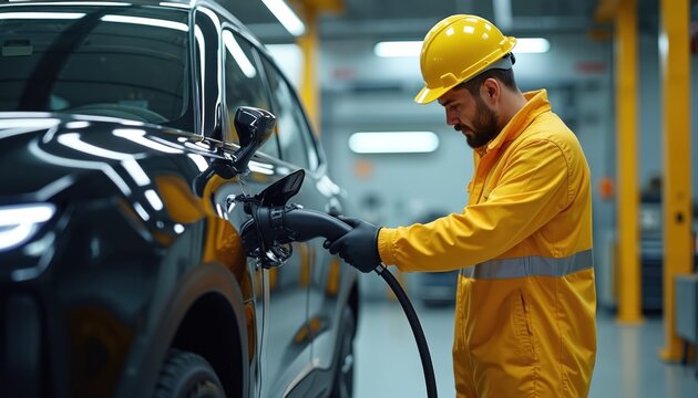 Worker in yellow safety suit connects EV charger to black electric vehicle in modern workshop. Bright industrial interior modern tech, energy, automotive. EV charging station, worker, safety,