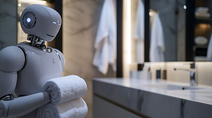 Robot Holding Towels in Modern Bathroom